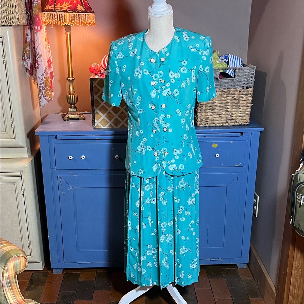 Leslie Faye size 8 Vintage 1980s era 2 piece skirt set suit blue green 2162